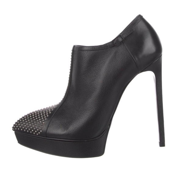 SAINT LAURENT PARIS Black Micro Studded Ankle Heel Boots